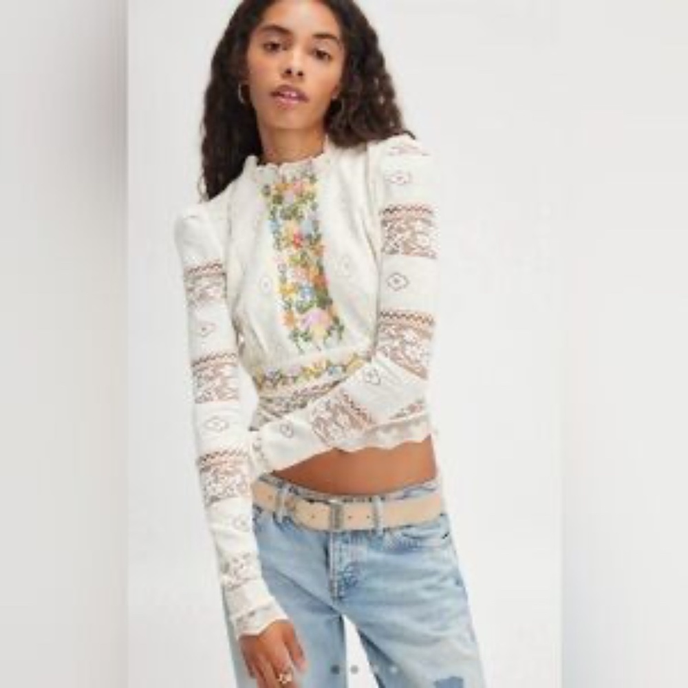 Free People Cream Floral Embroidered Long-Sleeve Top